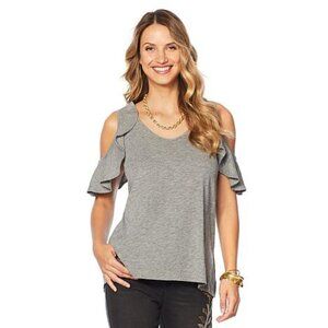 DG2 Diane Gilman Slub Cold Shoulder Ruffle Top